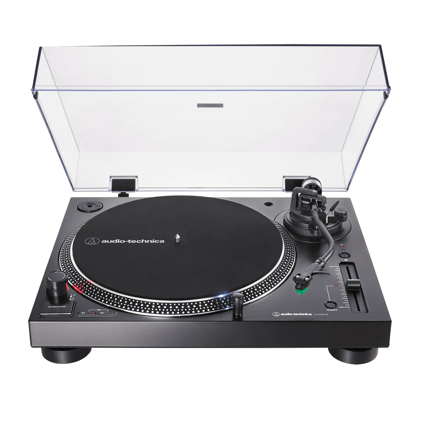 front view of the Audio-Technica AT-LP120XBT-USB record player, direct-drive turntable, Bluetooth and USB vinyl playback