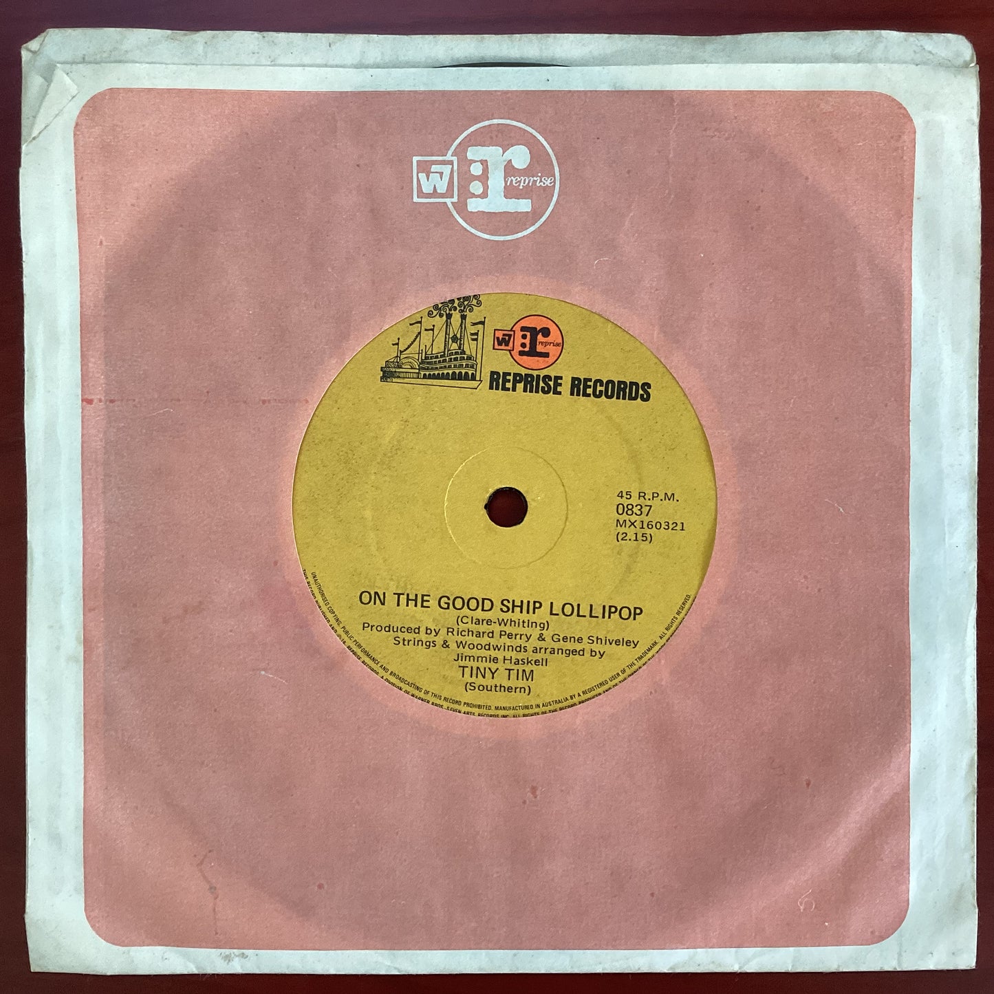Tiny Tim – On The Good Ship Lollipop, 7" Single, Australia 1969, Reprise Records – 0837