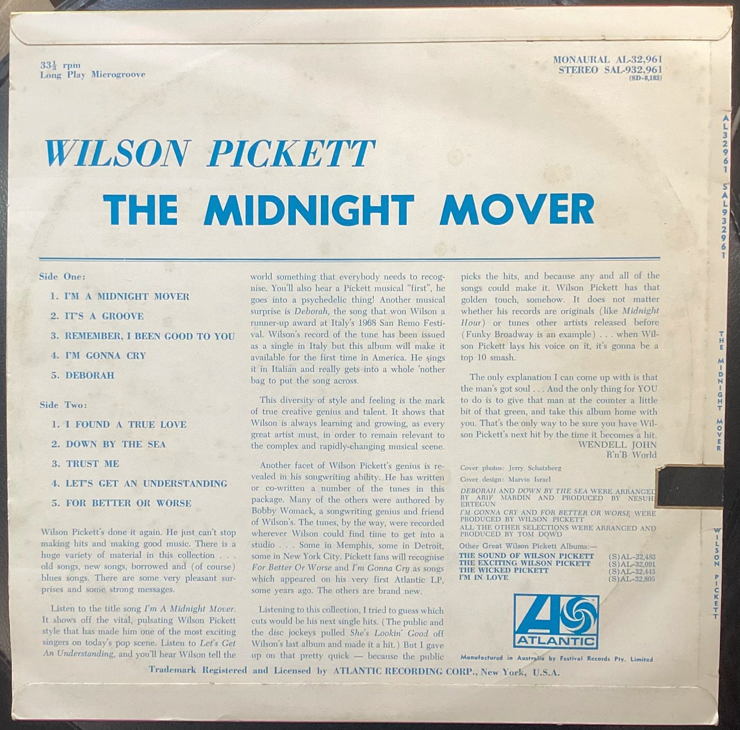 Wilson Pickett – The Midnight Mover, Australia 1968 Stereo Vinyl LP