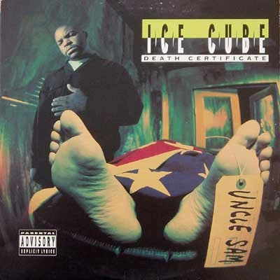 Album cover for 'Death Certificate' by Ice Cube featuring a dead person in a morgue with an 'Uncle Sam' tag.
