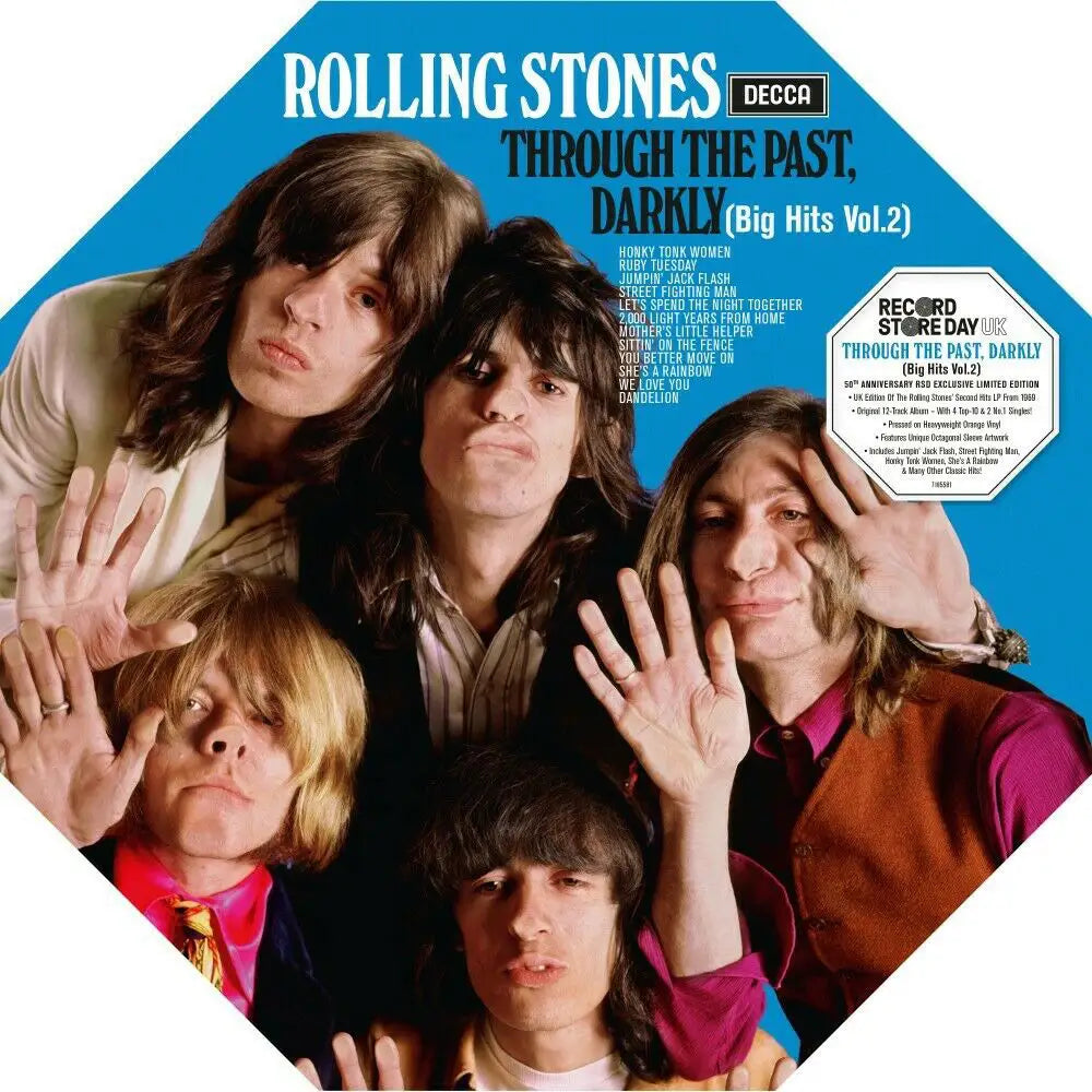 Album cover of 'Rolling Stones Through the Past Darkly (Big Hits Vol. 2)' with band members posing.