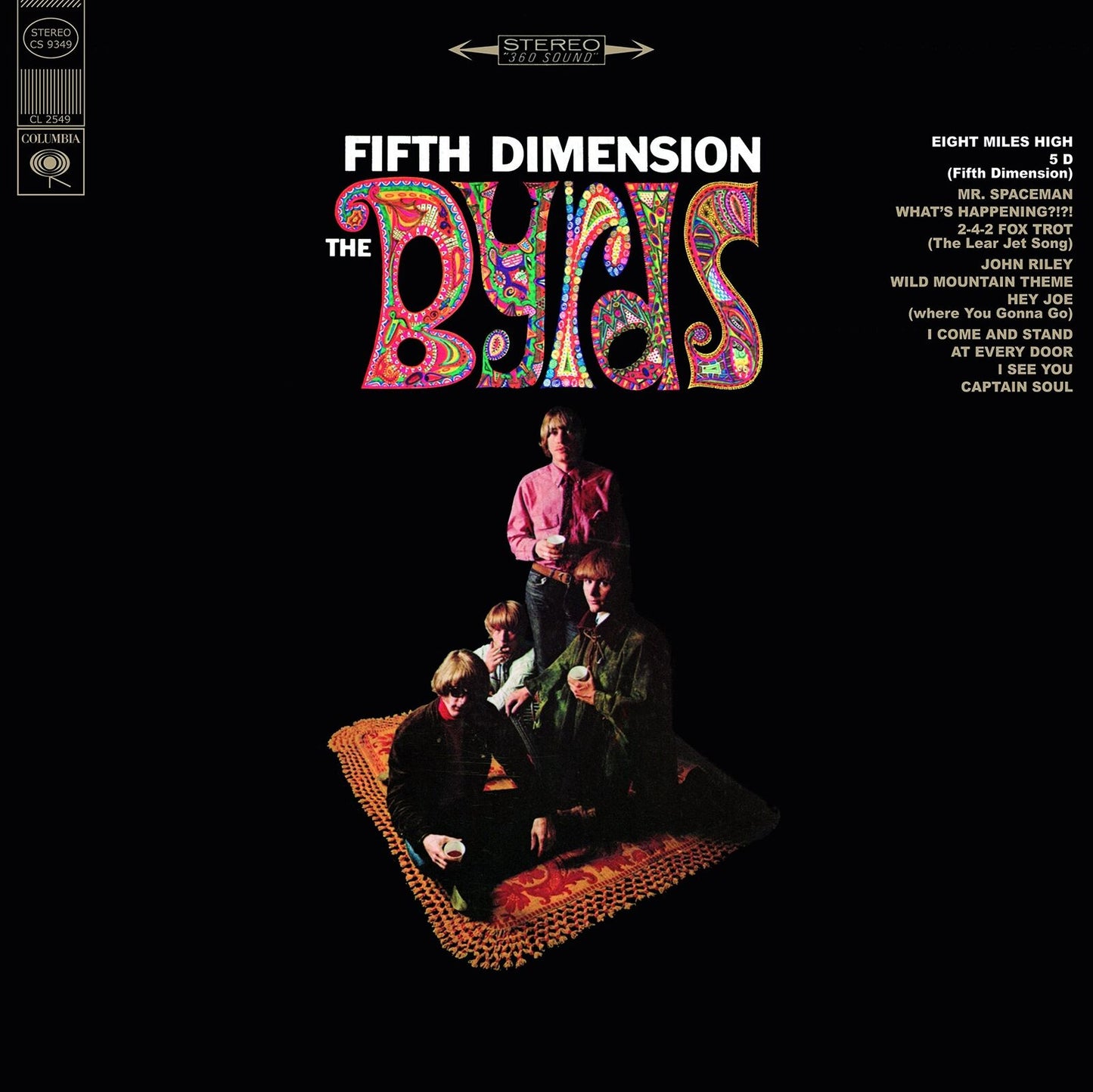 The Byrds - Fifth Dimension album cover, featuring a colorful illustration of the band members on a carpet with a black background.
