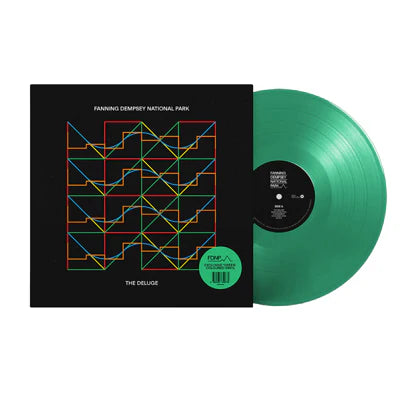 A green vinyl LP record titled 'Fanning Dempsey National Park - The Deluge' with a geometric pattern cover design.