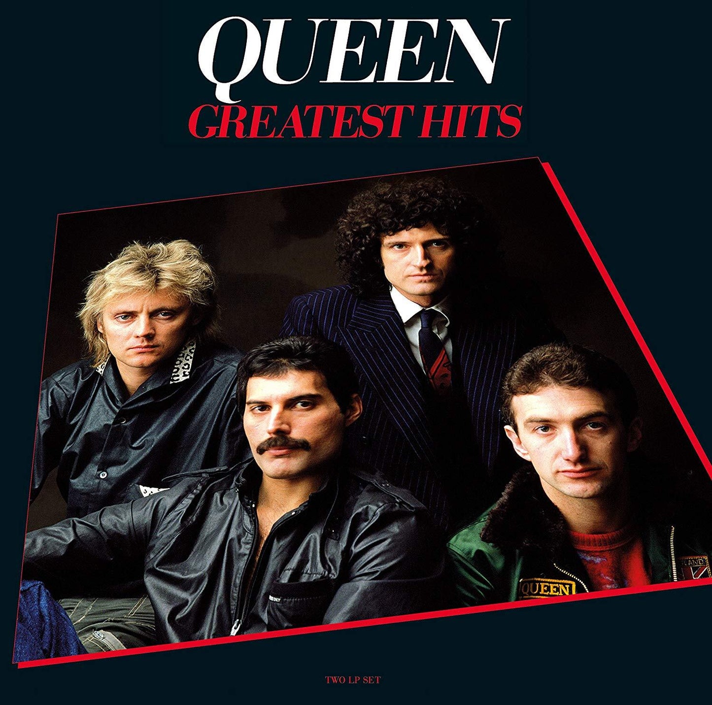 The cover of the Queen album 'Greatest Hits' featuring a group photo of the band members.