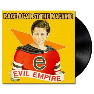 Rage Against The Machine - Evil Empire Vinyl LP with album cover featuring a graphic of a person with a red shirt and a letter 'E' on it against a yellow background, and the band's name at the top.