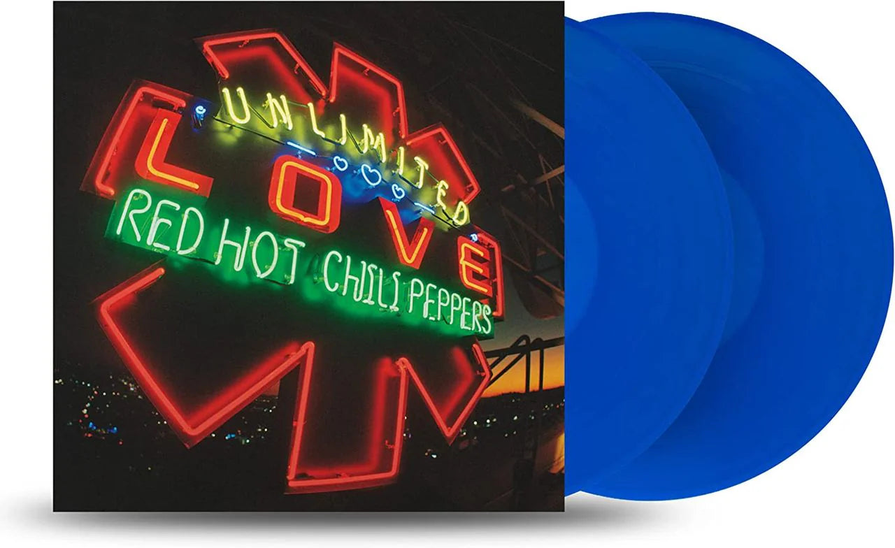 Limited edition blue colored vinyl record of Red Hot Chili Peppers' album 'Unlimited Love'. The album cover is visible with the band's name and the album title.