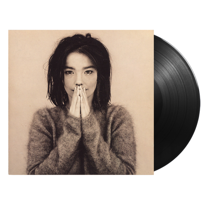 Debut vinyl LP reissue by Björk, collectible electronic-pop vinyl. Sepia tone portrait of Björk with her hands in front of her mouth