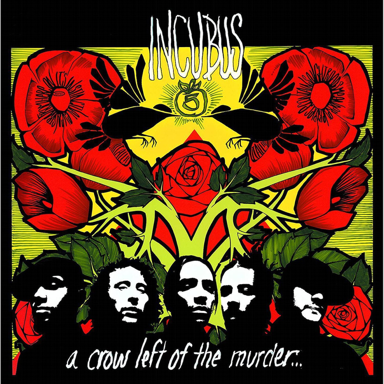 Album cover art for Incubus - A Crow Left Of The Murder, featuring a colorful floral and band-member design.