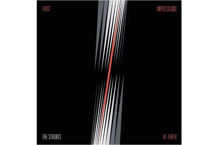 The album cover of 'First Impressions Of Earth' by The Strokes, featuring a black background with white and red lines pointing to the center.