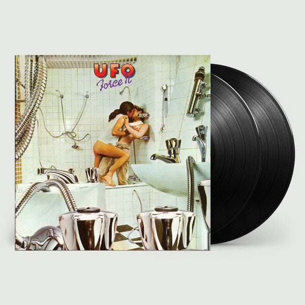 UFO - Force It album cover, featuring a woman in a bathtub with a male figure standing over her, set against a tiled wall with a sink and faucet.