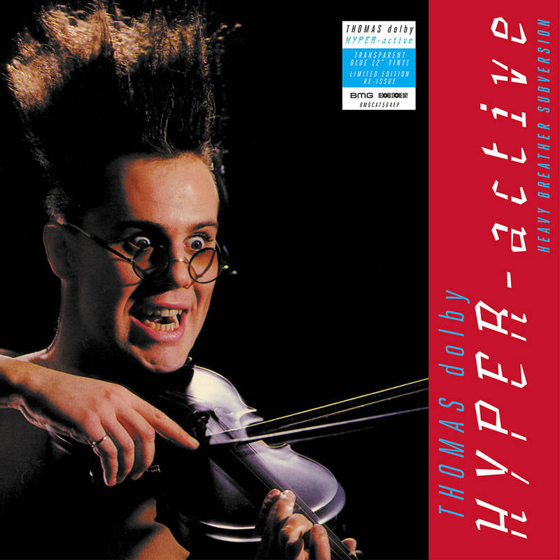 Thomas Dolby Hyper-Active blue vinyl LP, futuristic cover art, synthpop album