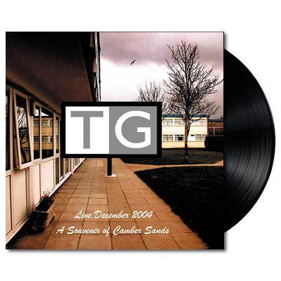 White vinyl LP of Throbbing Gristle with muted colour tones on the cover featuring text and a building