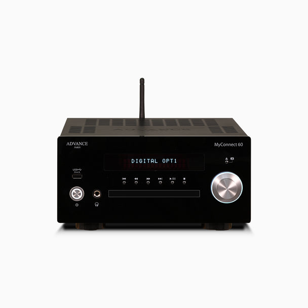 Advance Paris MyConnect 60 All-In-One System, sleek black hi-fi unit with display screen, integrated CD, streaming, and amp functionality