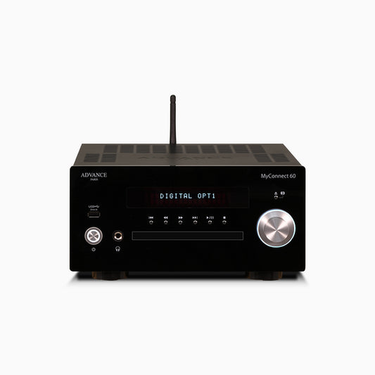 Advance Paris MyConnect 60 All-In-One System, sleek black hi-fi unit with display screen, integrated CD, streaming, and amp functionality