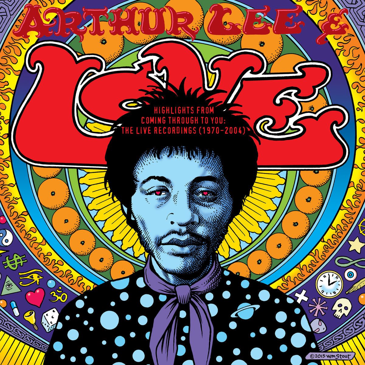 A colourful album cover for Coming Through You featuring a portrait of Arthur Lee with the band Love, highlighting their live recordings from 1970-2004. 