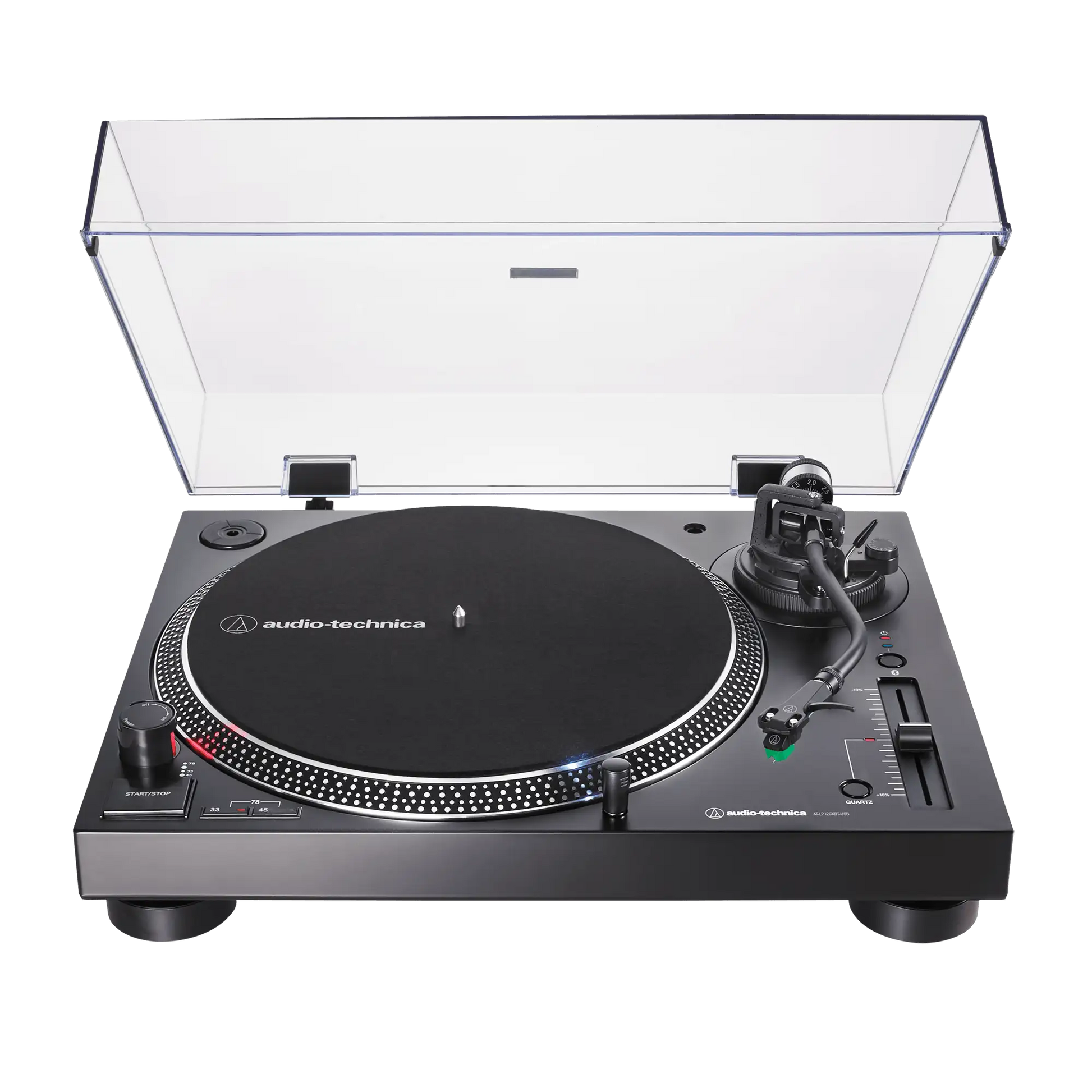 front view of the Audio-Technica AT-LP120XBT-USB record player, direct-drive turntable, Bluetooth and USB vinyl playback