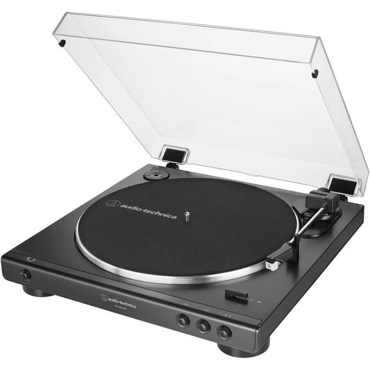 Front right side of Audio-Technica AT-LP60XBT record player in black