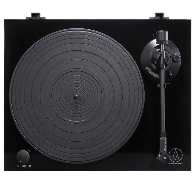 View from above of Audio-Technica AT-LPW50PB turntable piano black, belt-drive record player with sleek glossy finish