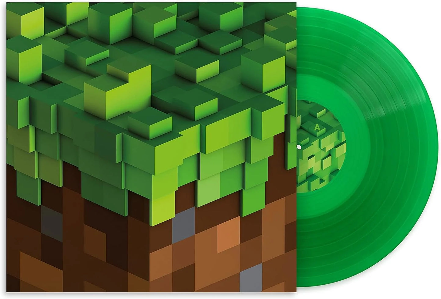 Vinyl record with a green and brown block design resembling Minecraft terrain