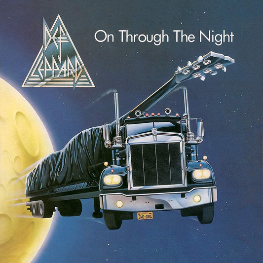 Vinyl LP cover for Def Leppard album 'On Through The Night' featuring a large truck with a guitar on top, driving through a space-themed background with a moon and stars. 