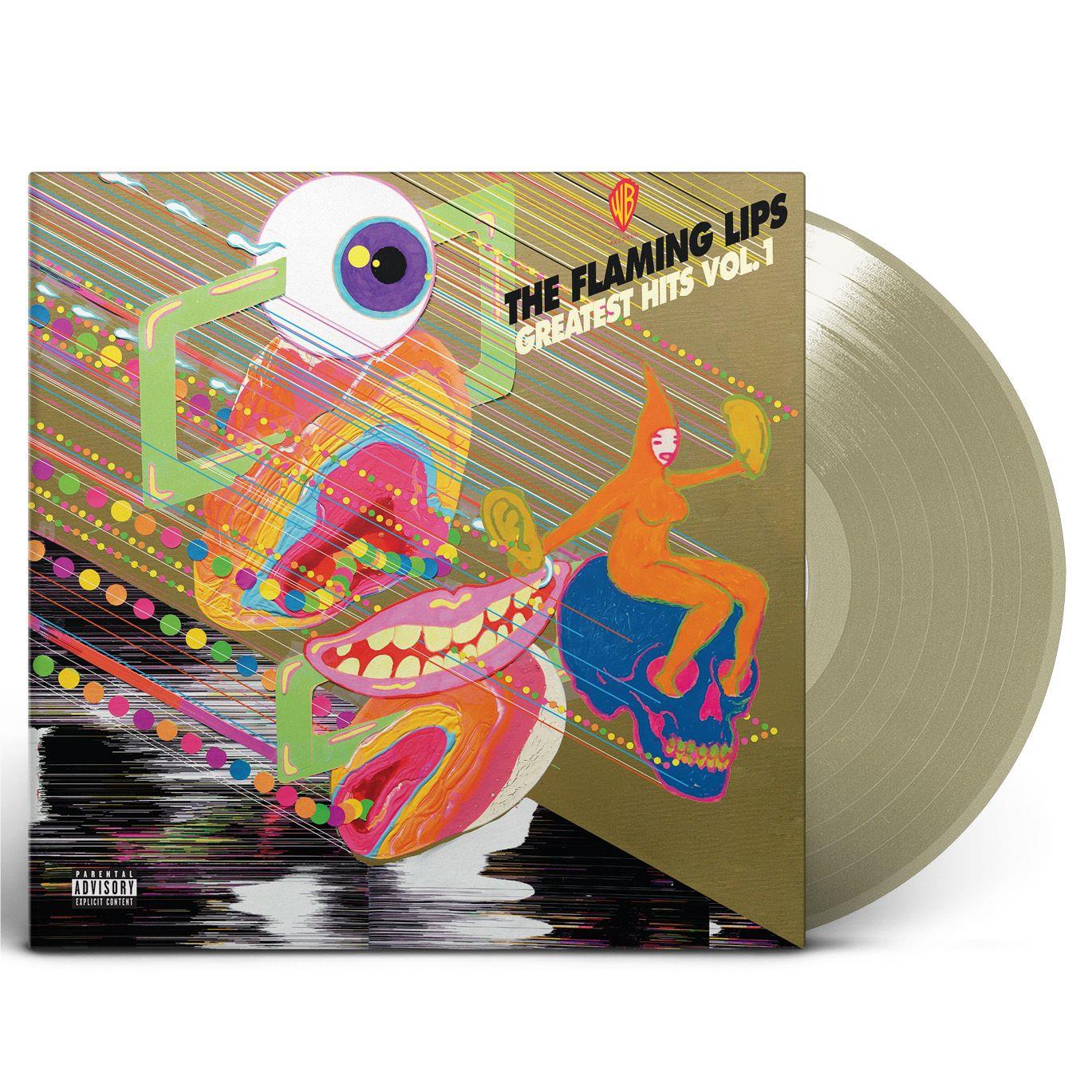 Gold coloured vinyl LP of The Flaming Lips' 'Greatest Hits, Vol. 1' with a colorful album cover featuring the band and related graphics.