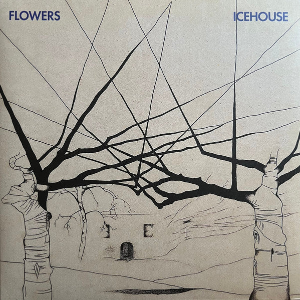 Vinyl LP cover art for 'Flowers - Icehouse, E.U.' featuring a gatefold design with a sketch of tree branches and a building.