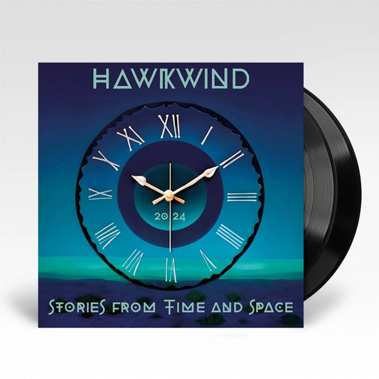 Vinyl record with 'Hawkwind' album cover featuring a clock design on a blue background.