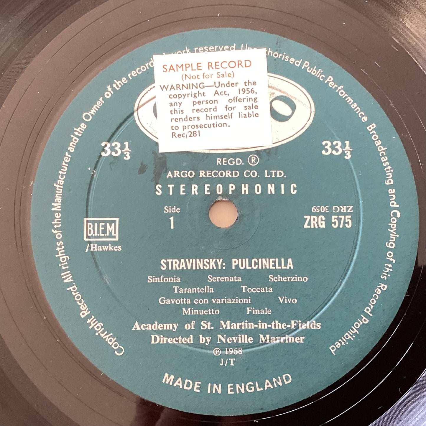 Stravinsky, Pulcinella / Apollon Musagète, Neville Marriner, 1968 UK "Oval" Argo ZRG 575