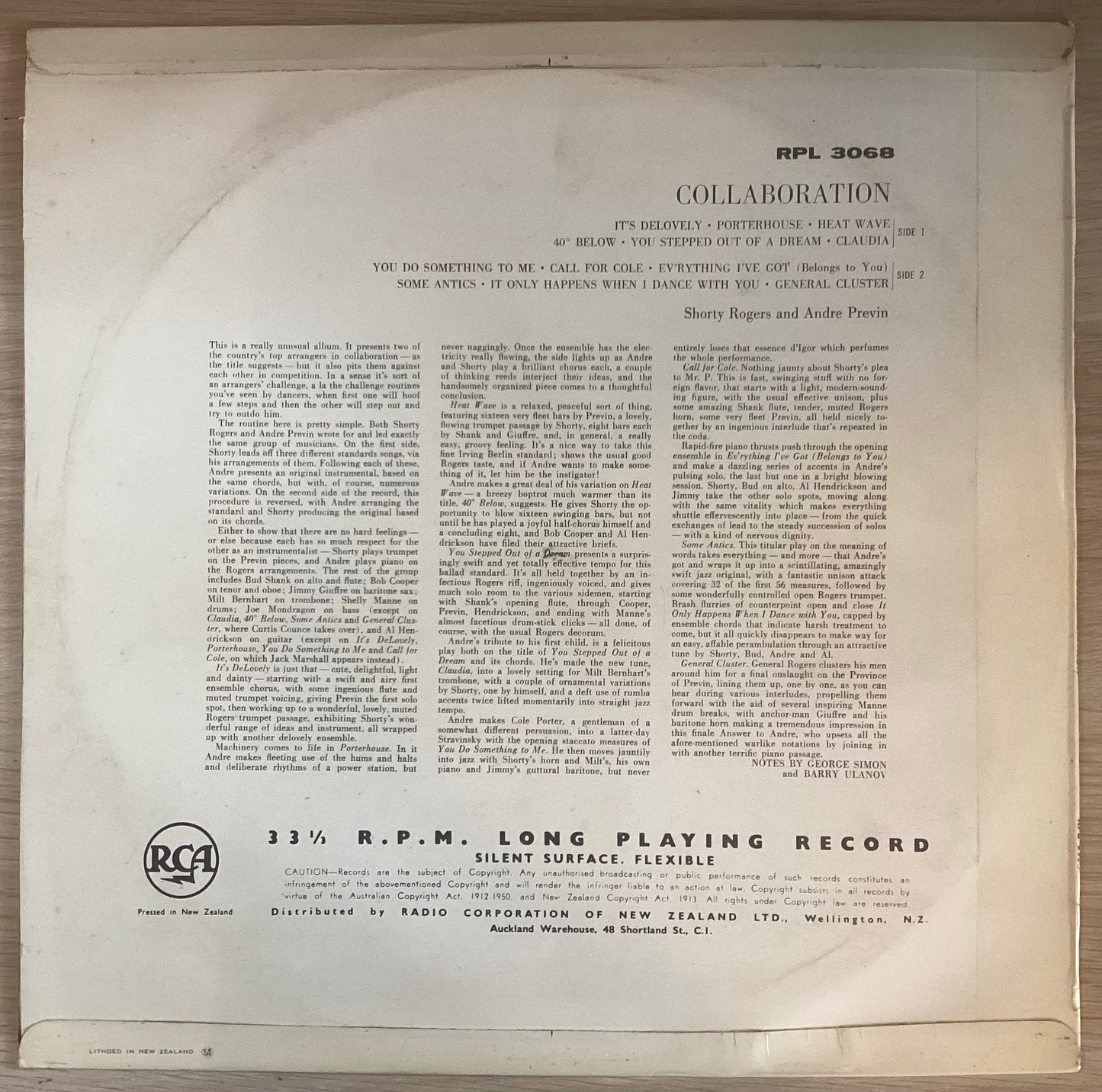 Shorty Rogers & André Previn – Collaboration, New Zealand 1958 RCA – RPL 3068