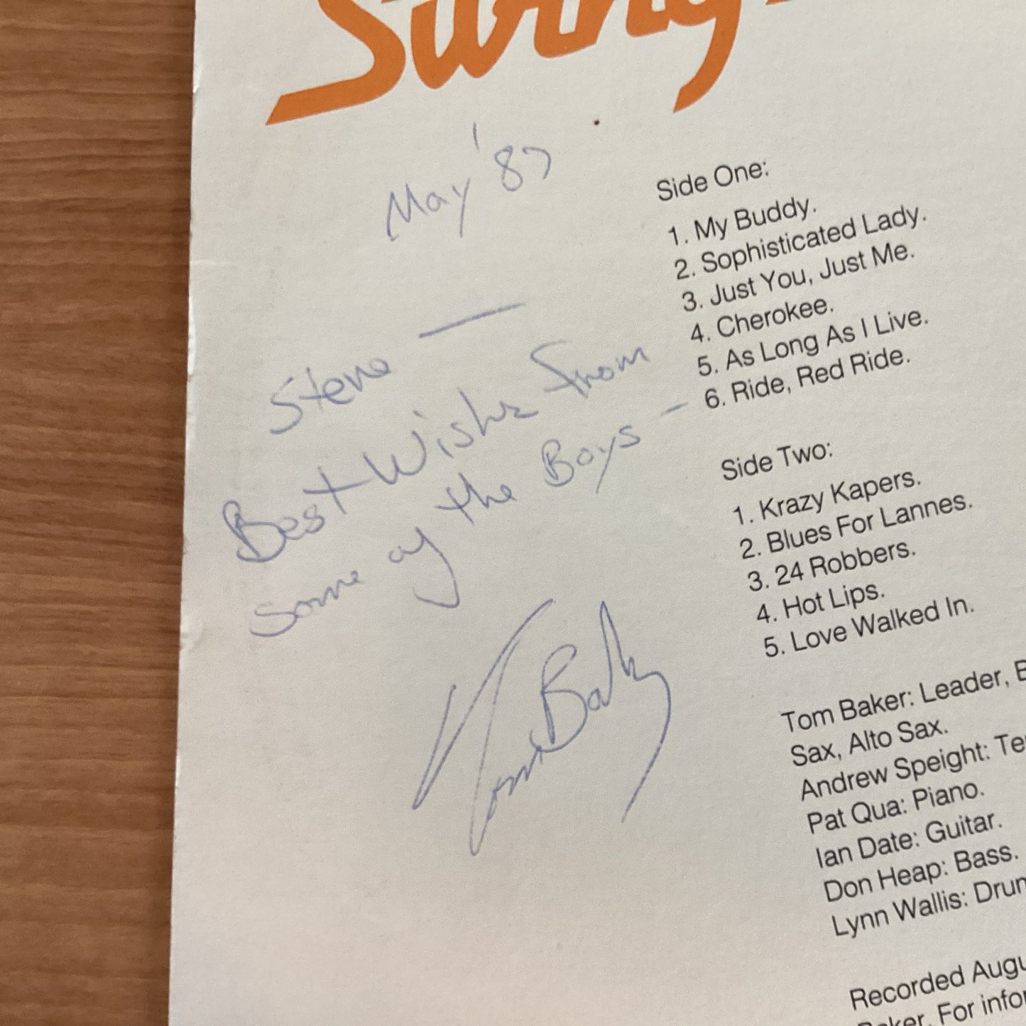 Tom Baker - Tom Baker's Swing Street Orchestra, Australia EREO Records ‎EMI Custom YPRX 2313 (Signed)
