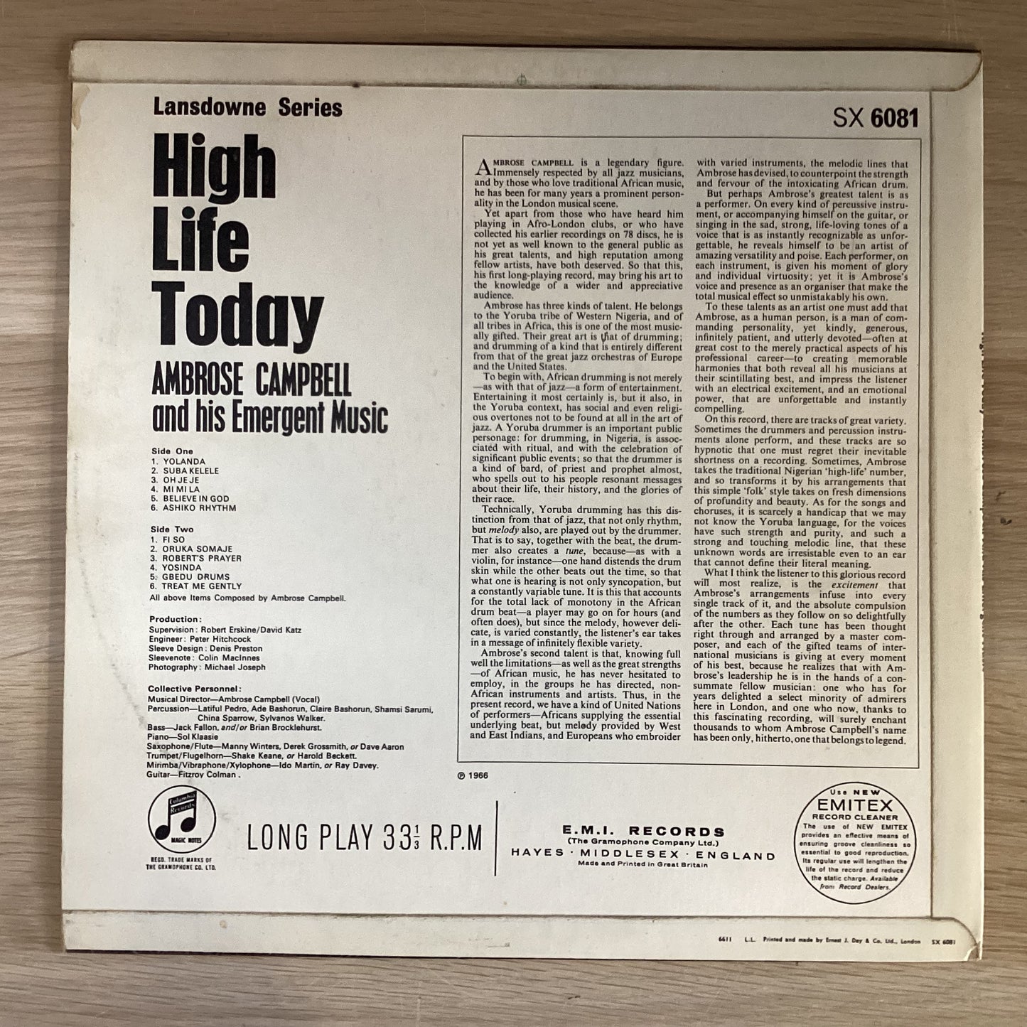 Ambrose Campbell – High Life Today. UK 1966 Columbia – SX 6081 - Mono (Promo.) Vinyl LP