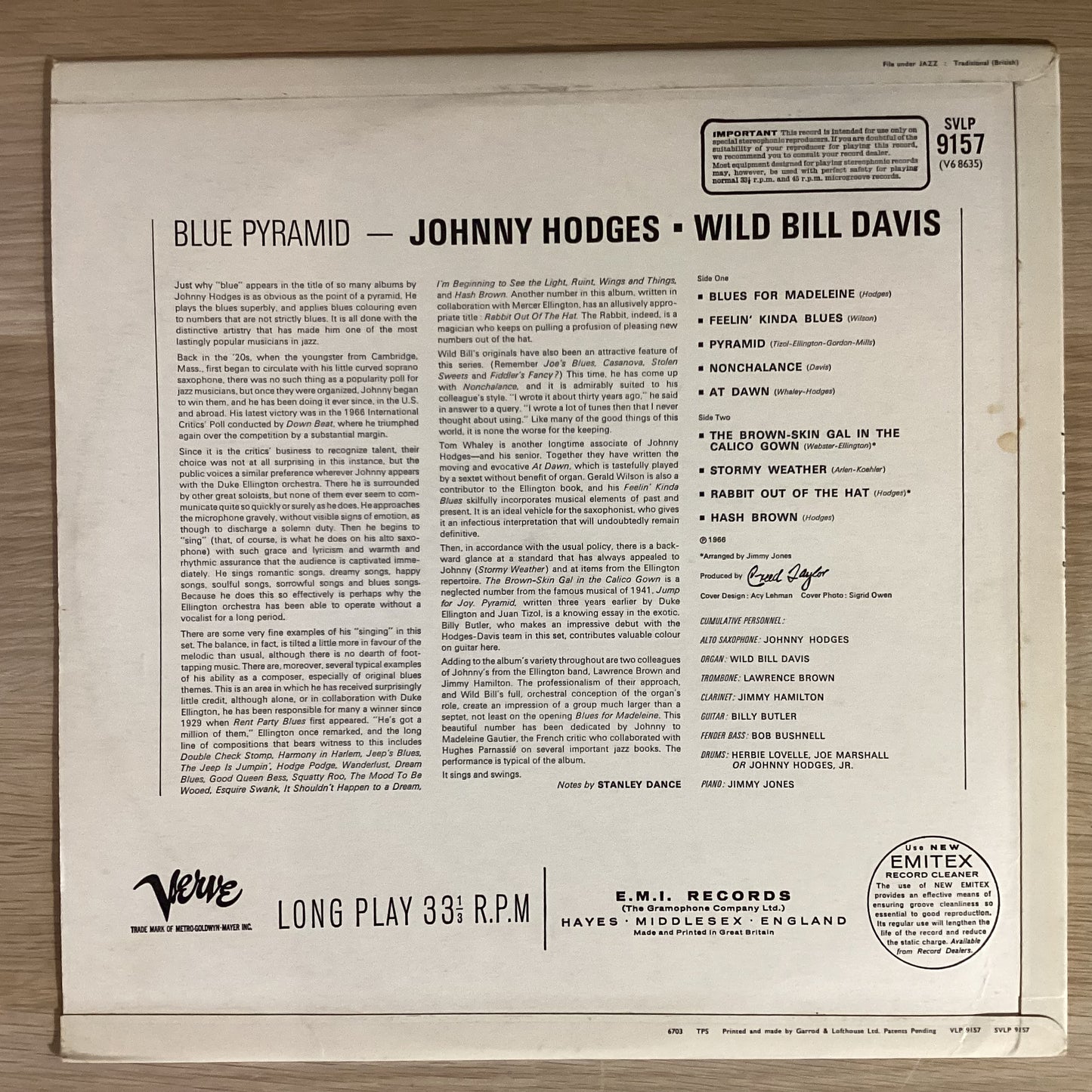Johnny Hodges - Wild Bill Davis – Blue Pyramid. UK 1966 Verve Records – SVLP 9157 (Promo.) Vinyl LP