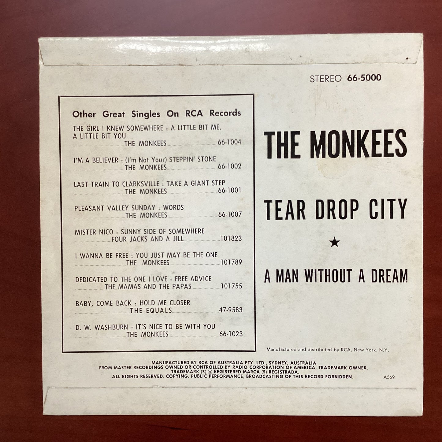 The Monkees, Tear Drop City - A Man Without A Dream, Australia 1969 RCA ‎– 66-5000