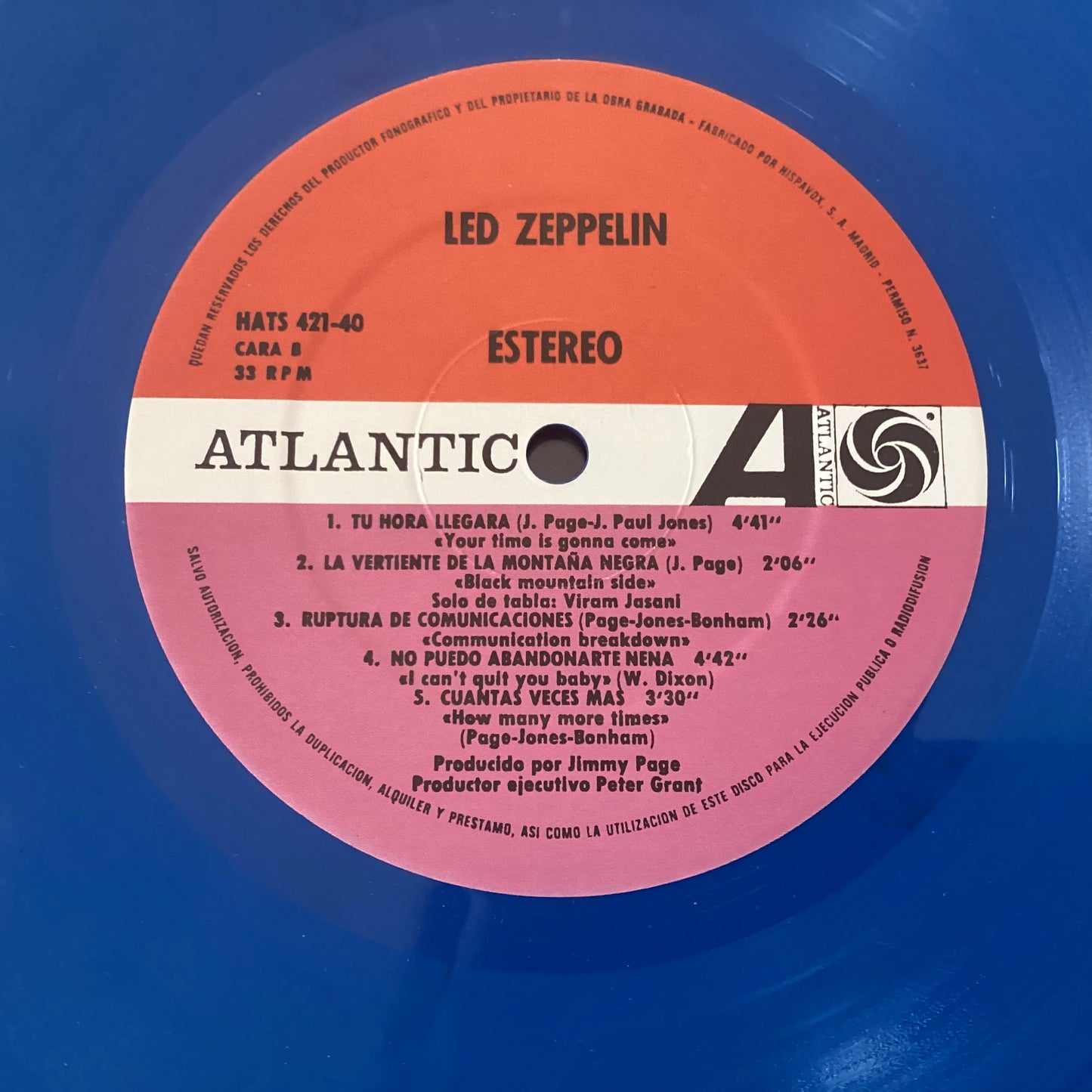 Led Zeppelin - Self-Titled, Spain 2010 Atlantic HATS 421-40, Blue Coloured Vinyl LP