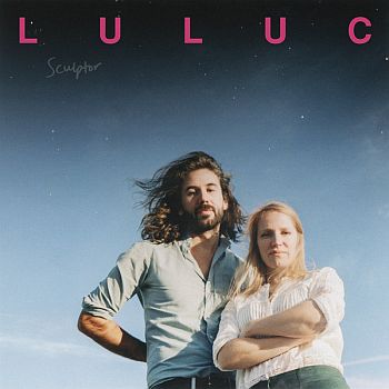 Luluc album cover with a pink and blue color scheme, featuring the band members and the title 'SCULPTOR'.