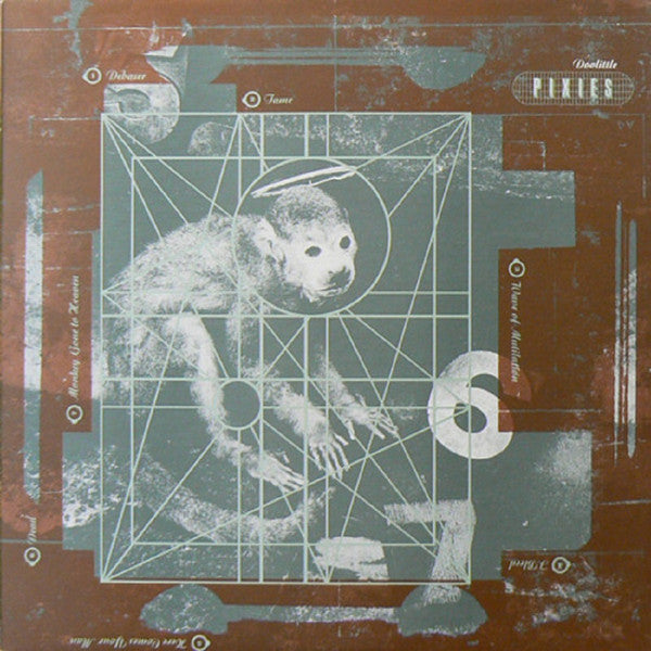 The image displays the cover of the vinyl LP for the Pixies album "Doolittle." It features an intricate and artistic design with a stylized graphic of a monkey enclosed within a series of geometric shapes and lines, creating a sense of motion or energy.