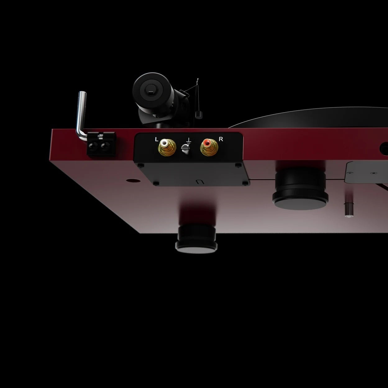 close up of turntable rear connections on on Pro-Ject Debut EVO 2 record player, precision-engineered, high-torque motor, sleek modern design