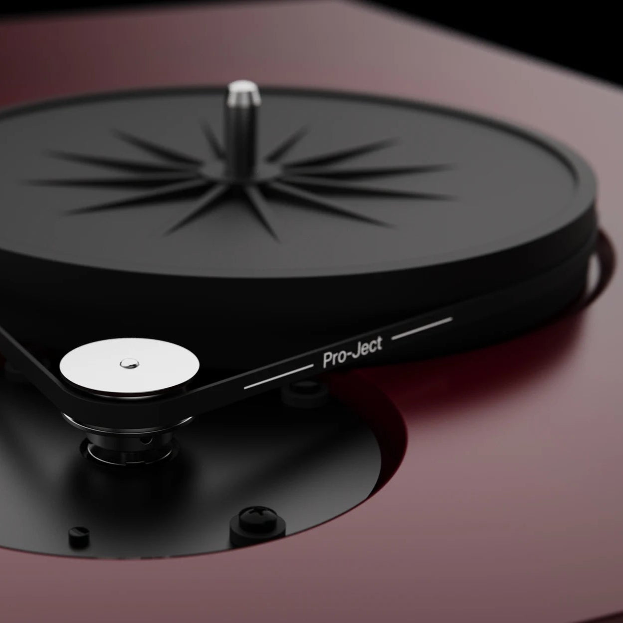 close up of turntable-belt on on Pro-Ject Debut EVO 2 record player, precision-engineered, high-torque motor, sleek modern design