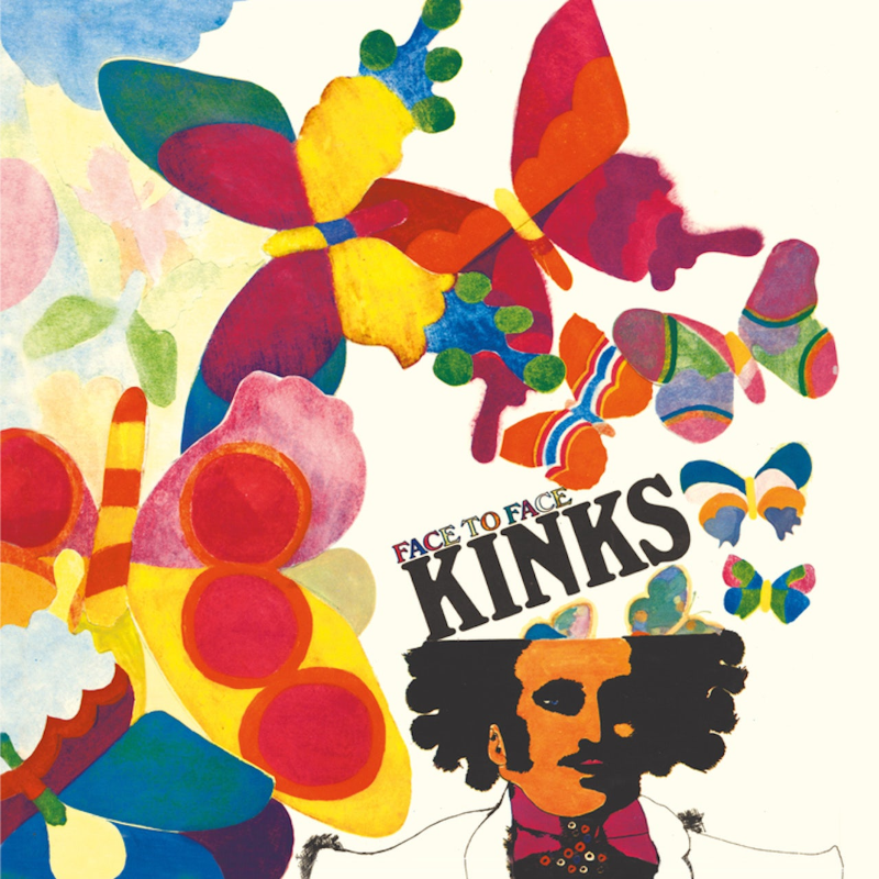 Album cover art for The Kinks LP 'Face To Face' featuring a colorful and abstract design with floral and butterfly motifs, alongside a stylized illustration of a male figure.