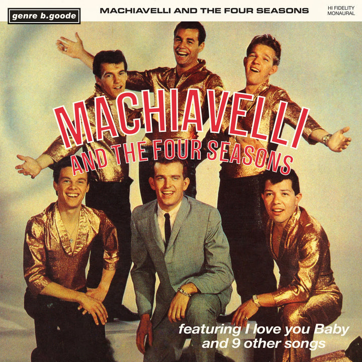 Vinyl LP cover of TISM's 'Machiavelli And The Four Seasons' featuring a group photo of the band members in gold marbled colored outfits.