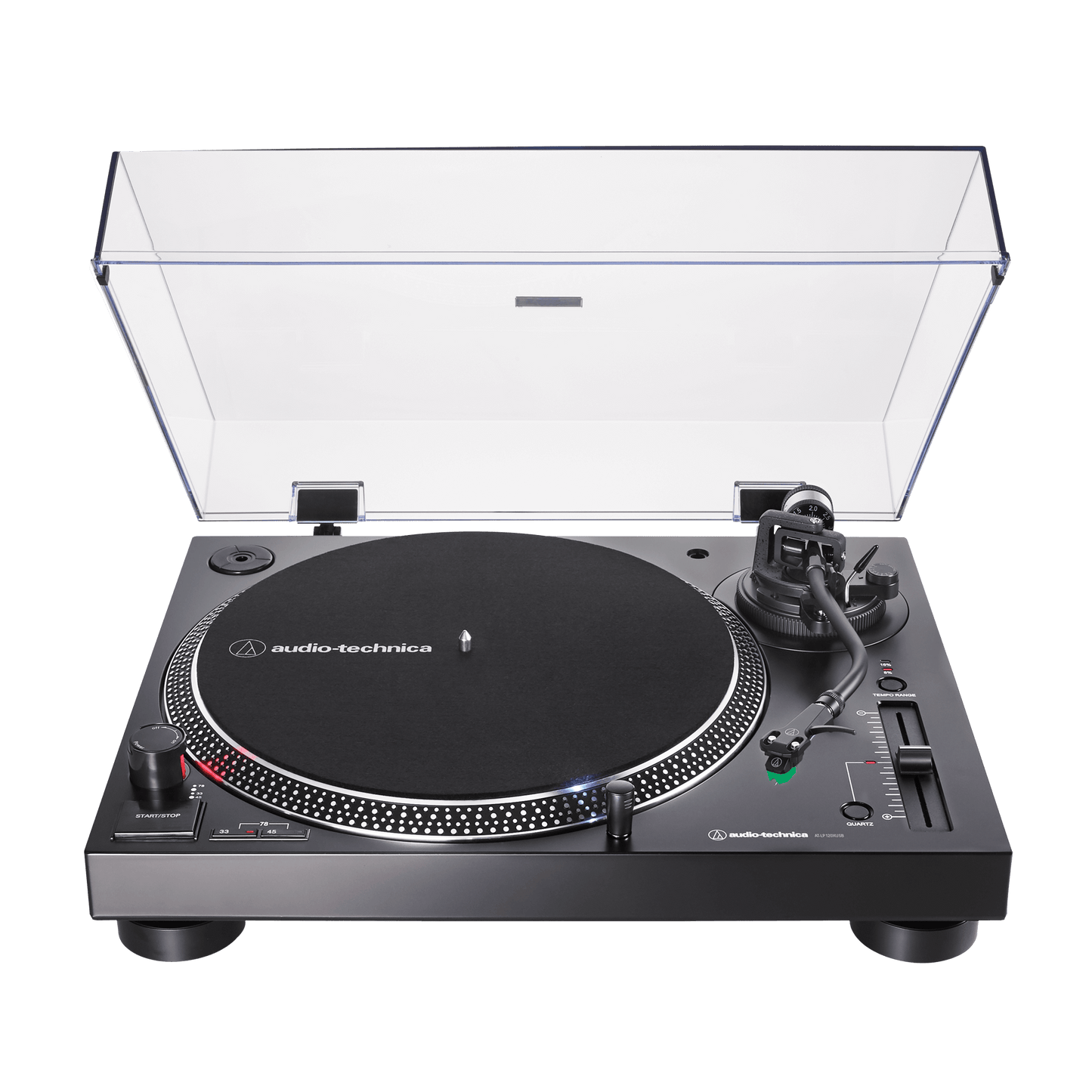 Front view of Audio-Technica AT-LP120XUSB record player black, direct-drive turntable, built-in phono preamp, USB vinyl playback