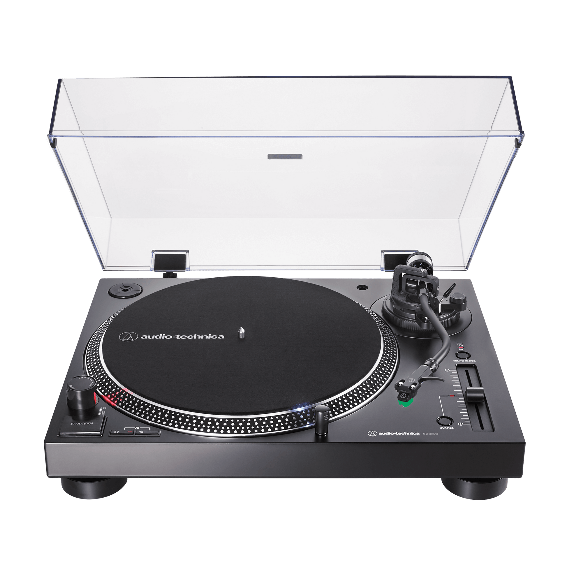 Front view of Audio-Technica AT-LP120XUSB record player black, direct-drive turntable, built-in phono preamp, USB vinyl playback