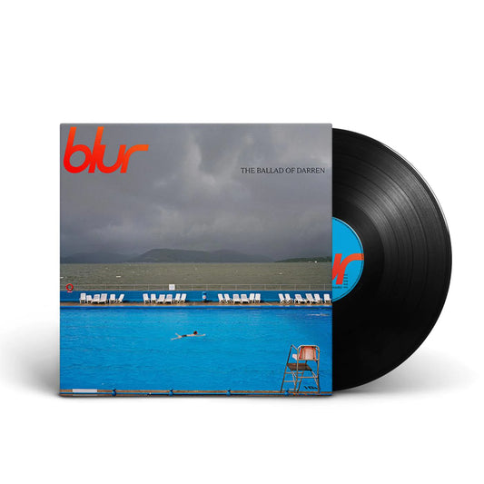 A vinyl LP record of Blur - The Ballad Of Darren with a gray and blue cover featuring a pool scene.