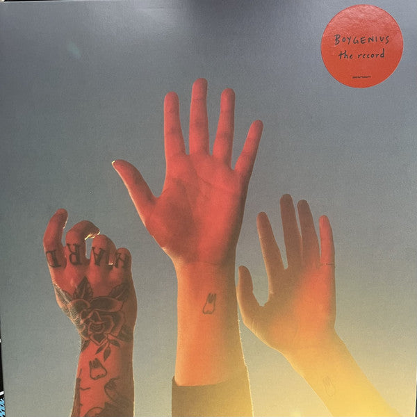 The Record vinyl by Boygenius album cover with 3 hands raised in the air