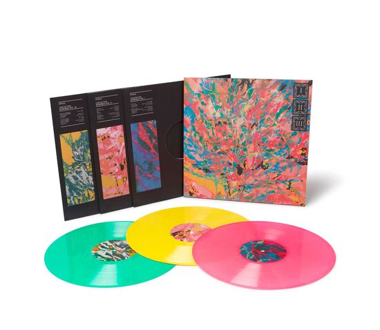 Artwork and coloured records of Collected Reworks vinyl by Foals