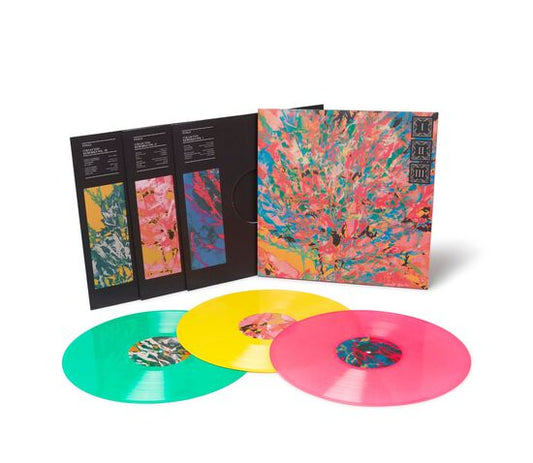 Artwork and coloured records of Collected Reworks vinyl by Foals