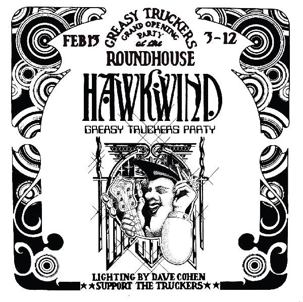 Black and white album cover for Hawkwind Greasy Truckers Party featuring illustrated elements and text detailing the album title and artist name.