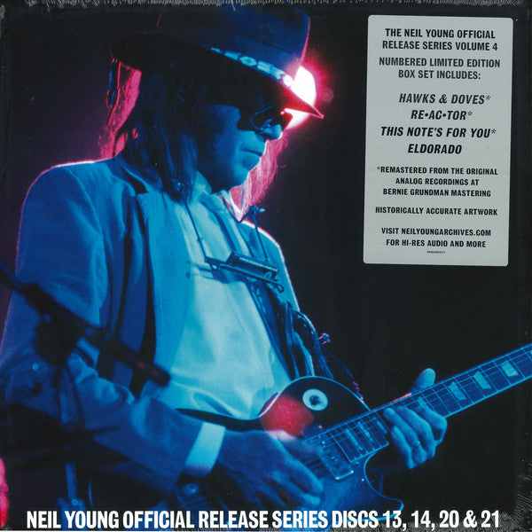 Neil Young official release series deluxe edition box set packaging with an image of Neil Young in a blue tinted photo playing guitar.