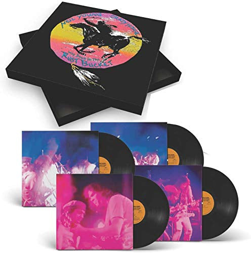 A boxed vinyl record set of Neil Young with Crazy Horse titled 'Way Down in the Rust Bucket'. The set includes four LP records with unique cover art