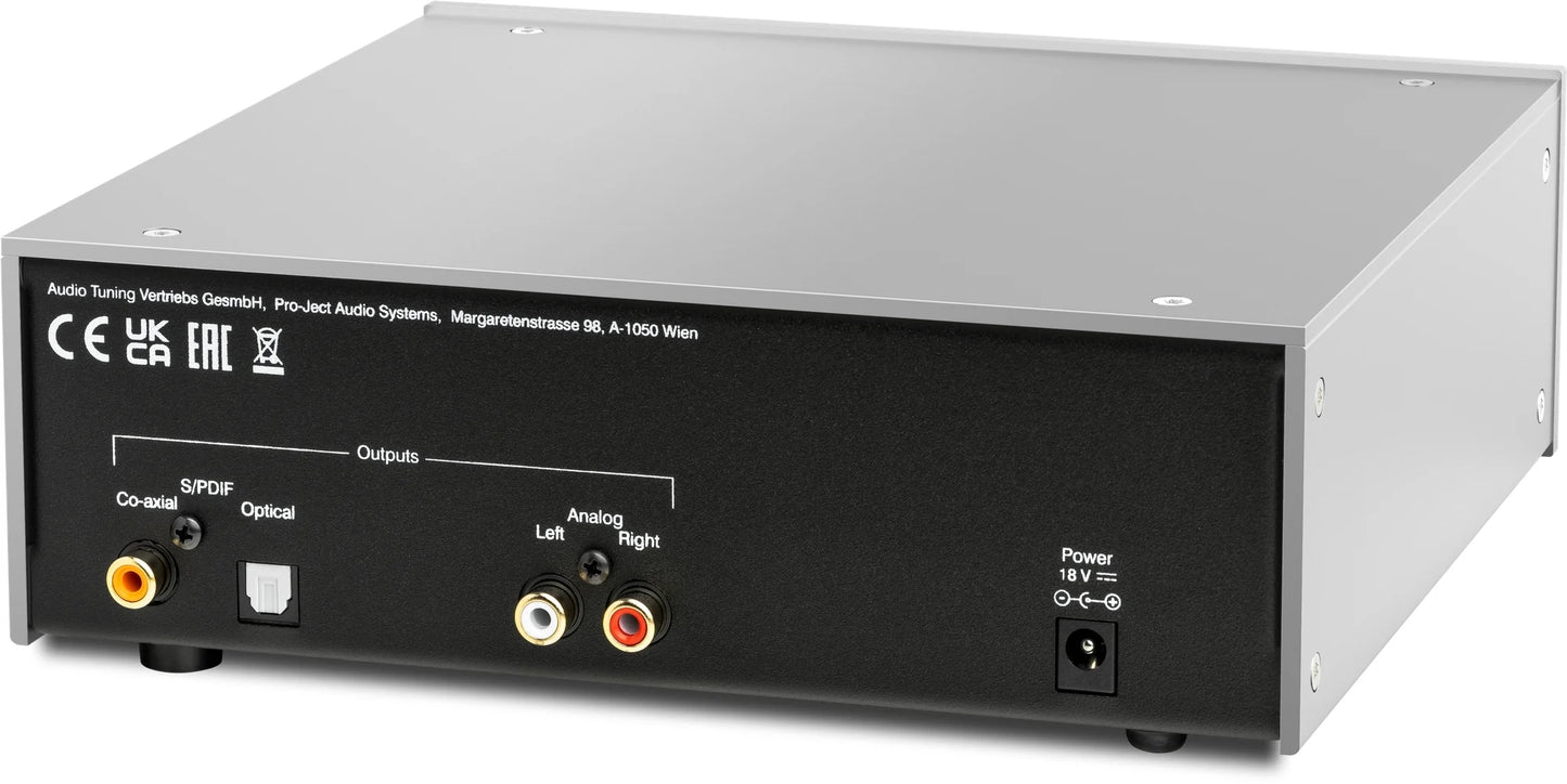 Rear view of Pro-Ject CD Box DS3 CD Player, sleek silver hi-fi component with minimalist design